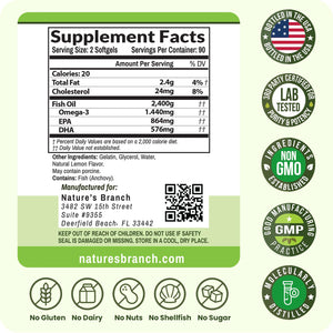 Triple Strength Omega 3 Fish Oil Supplements 2400mg | 180 Capsules, Burpless High Potency Lemon Flavor, High EPA DHA for Men & Women Ultra Pure Softgels | Joint Support, Eyes, Heart Brain Health Pills NATURE'S BRANCHBuy Supplements Australia