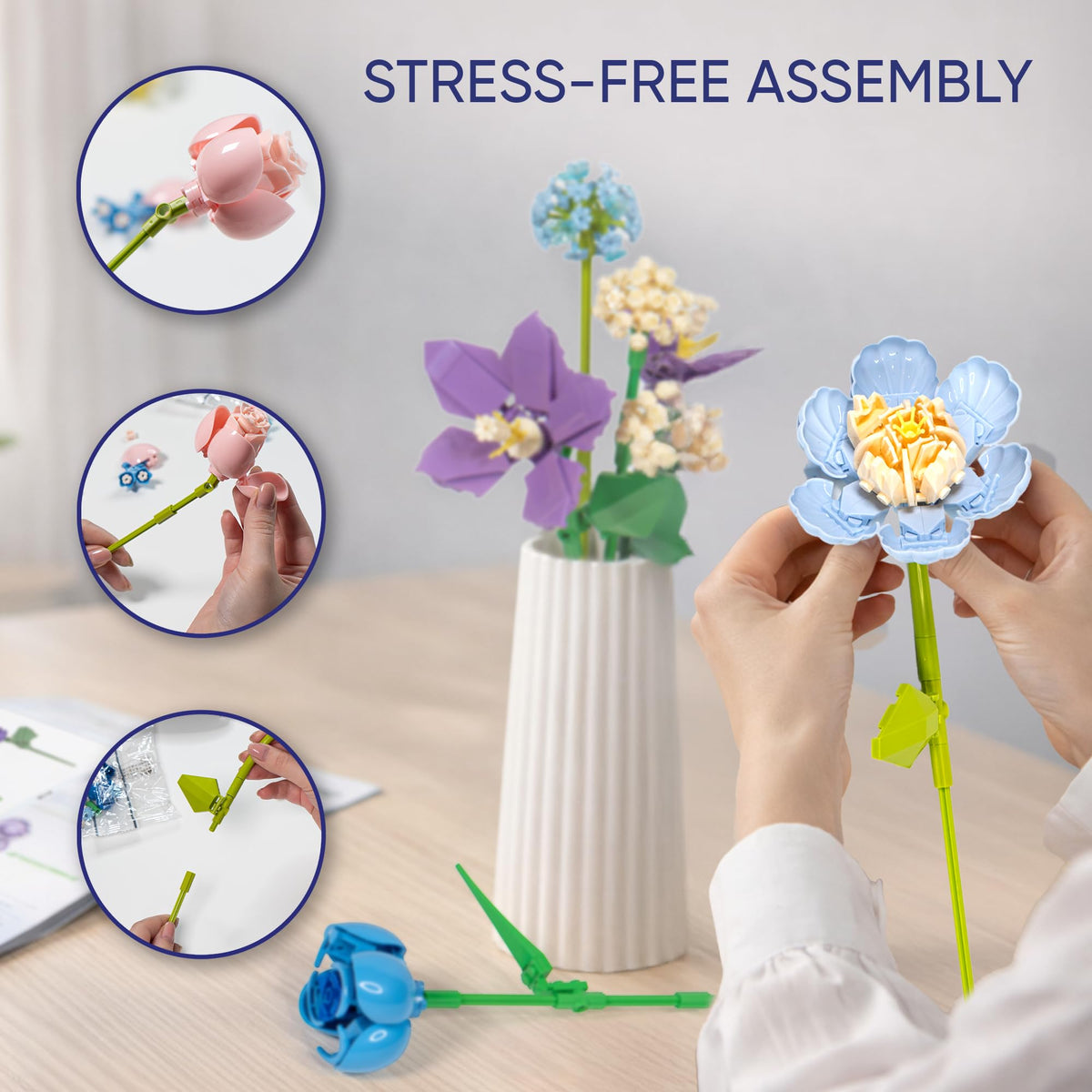 Ludari Flower Building Blocks for Adults Block Tech Flowers Buildable Flowers Building Block Set Botanical Flower Building Set 880 Pcs, No Vase Included