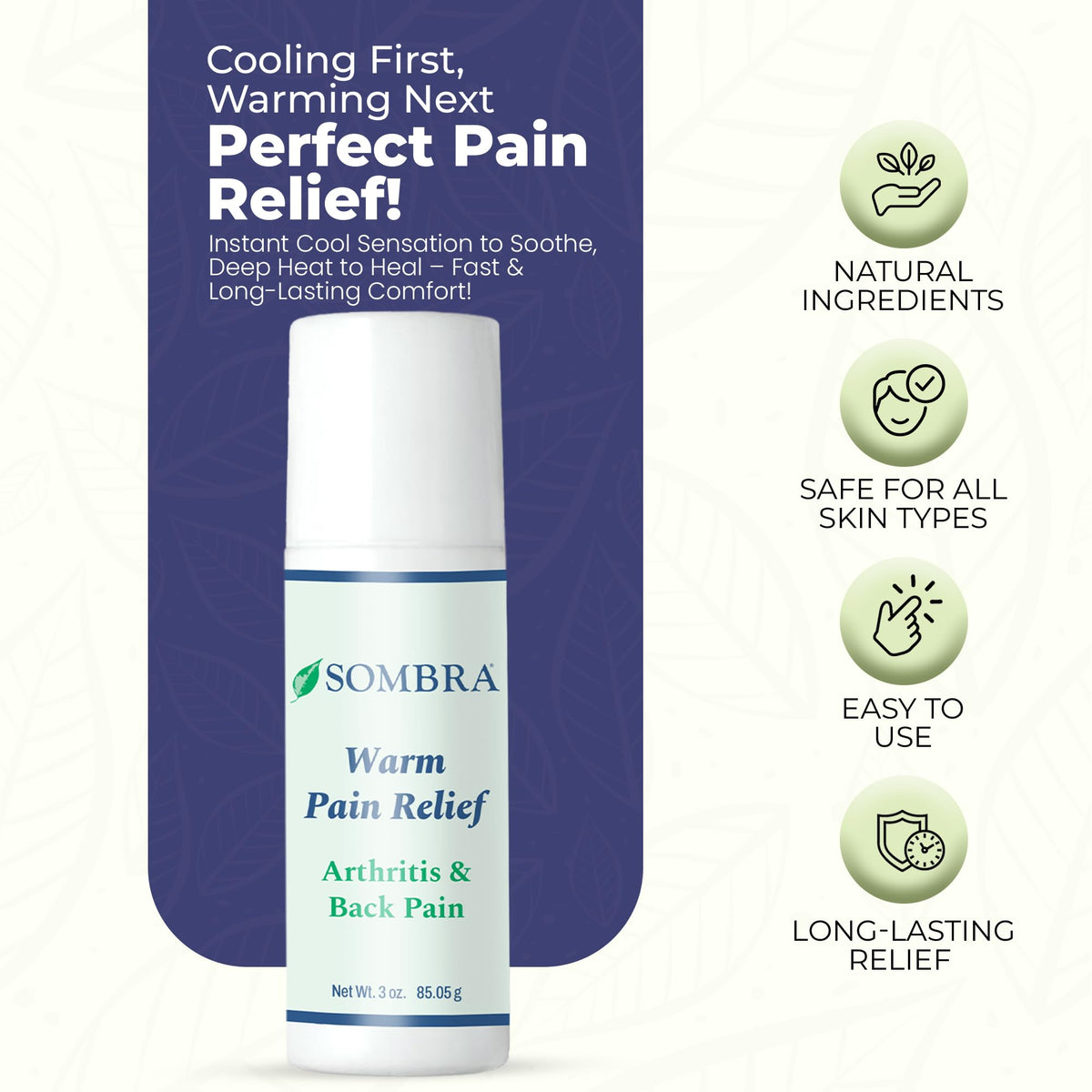 Sombra Warm Pain Relief Gel, Warm Relief for Arthritis and Chronic Pain Pre-Workout Muscle Rub Vegan Formula Free of Artificial Fragrances, Dyes, NSAIDs, Wax, Petroleum, Alcohol - 3oz Roll-On