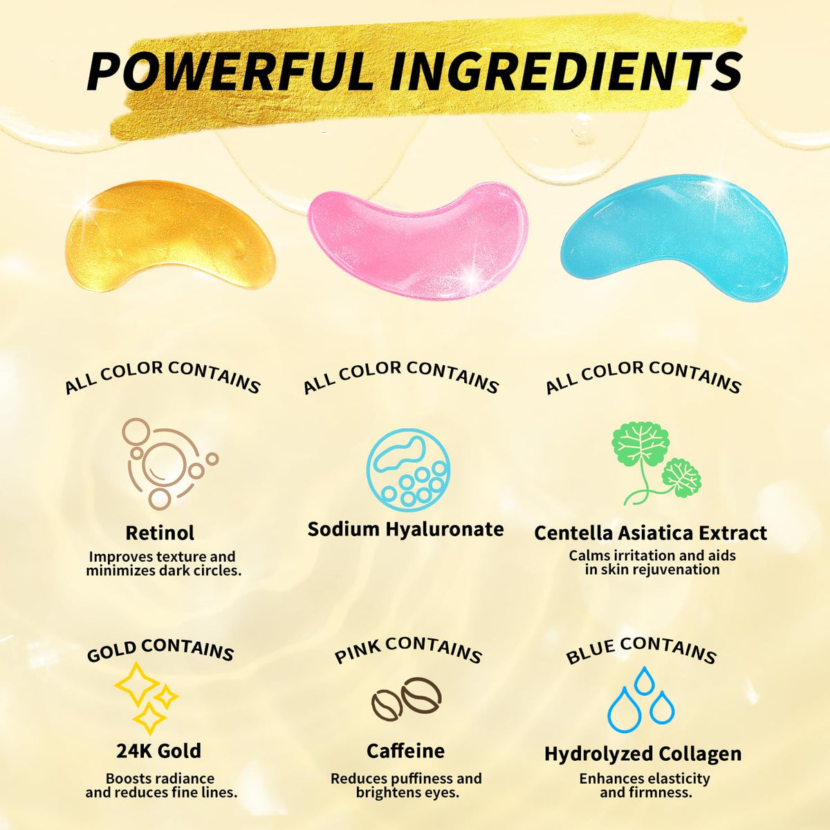 24K Gold & Retinol Under Eye Patches - Caffeine Eye Mask for Puffy Eyes & Dark Circles - Valentines Day Small Gift (12 Pairs)