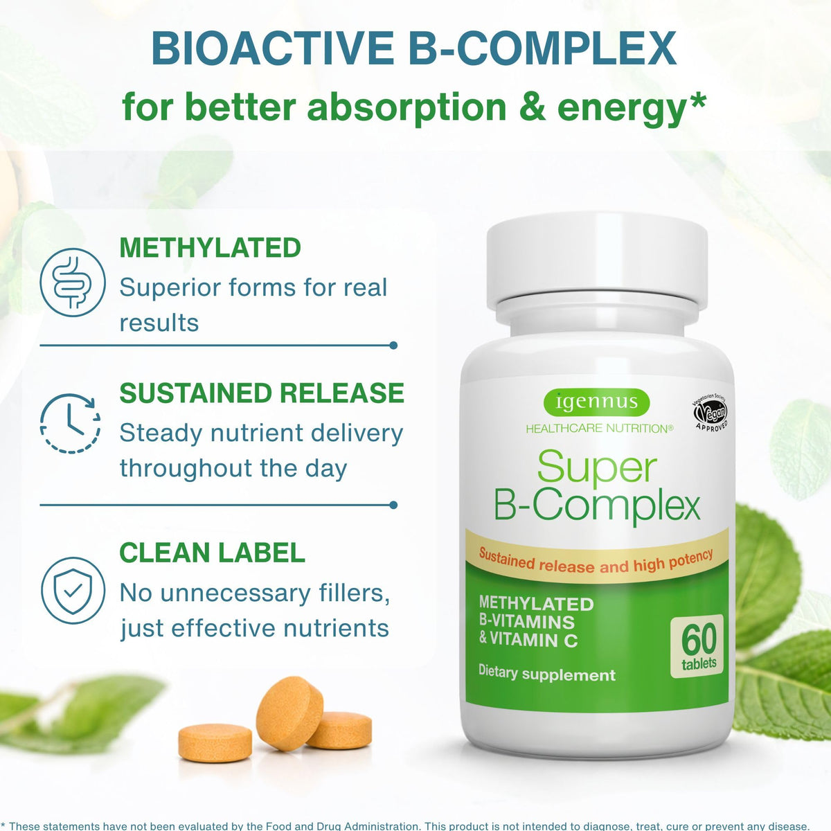 Igennus High Absorption Super B-Complex Methylated & Active B Vitamins - Sustained Release, Clean Label, Energy, Mood & Cognitive Performance, Methylfolate & Methyl B12, Lab Verified, 60 Tablets