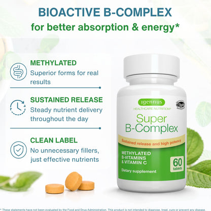 Igennus High Absorption Super B-Complex Methylated & Active B Vitamins - Sustained Release, Clean Label, Energy, Mood & Cognitive Performance, Methylfolate & Methyl B12, Lab Verified, 60 Tablets