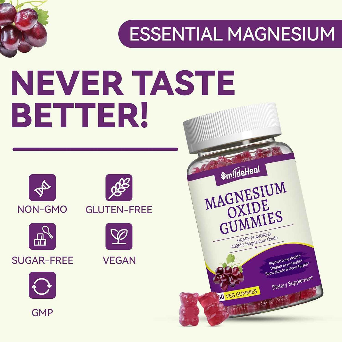 Magnesium Oxide Gummies 400mg - Magnesium Gummies for Women & Adults - Chewable Magnesium Supplement for Nerve & Muscle Support* - Sugar-Free, Vegan - 60 Gummies