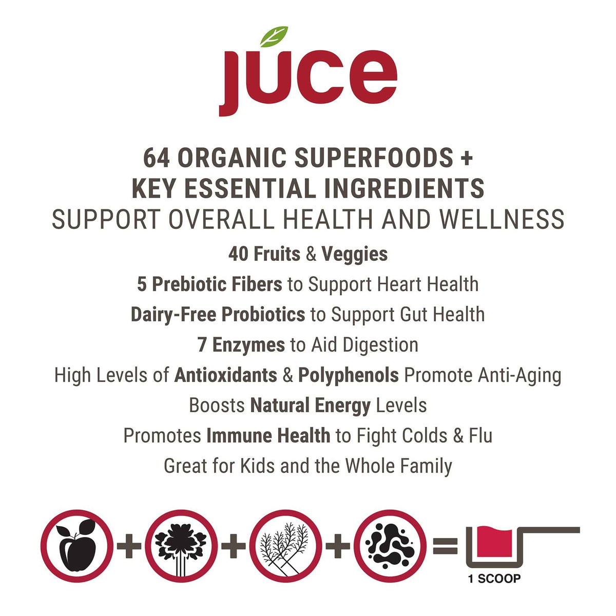 Terra Kai Organics JUCE Reds Organic Superfood Powder - Garden Berry Flavor - Fruit & Veggie Powder for Everyone w/64 Immune Boosting Superfood Plus Probiotics for Gut Health - 20 Servings (230g)