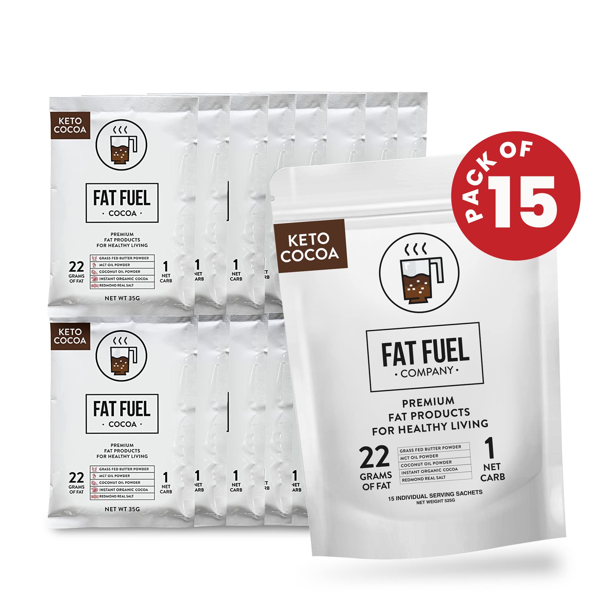 Fat Fuel Instant Keto Cocoa – a Complete Keto-Friendly Meal Replacement with MCT Oil, Coconut Oil, and Grass Fed Butter – Low Carb Hot Chocolate, Organic (15 Packets)