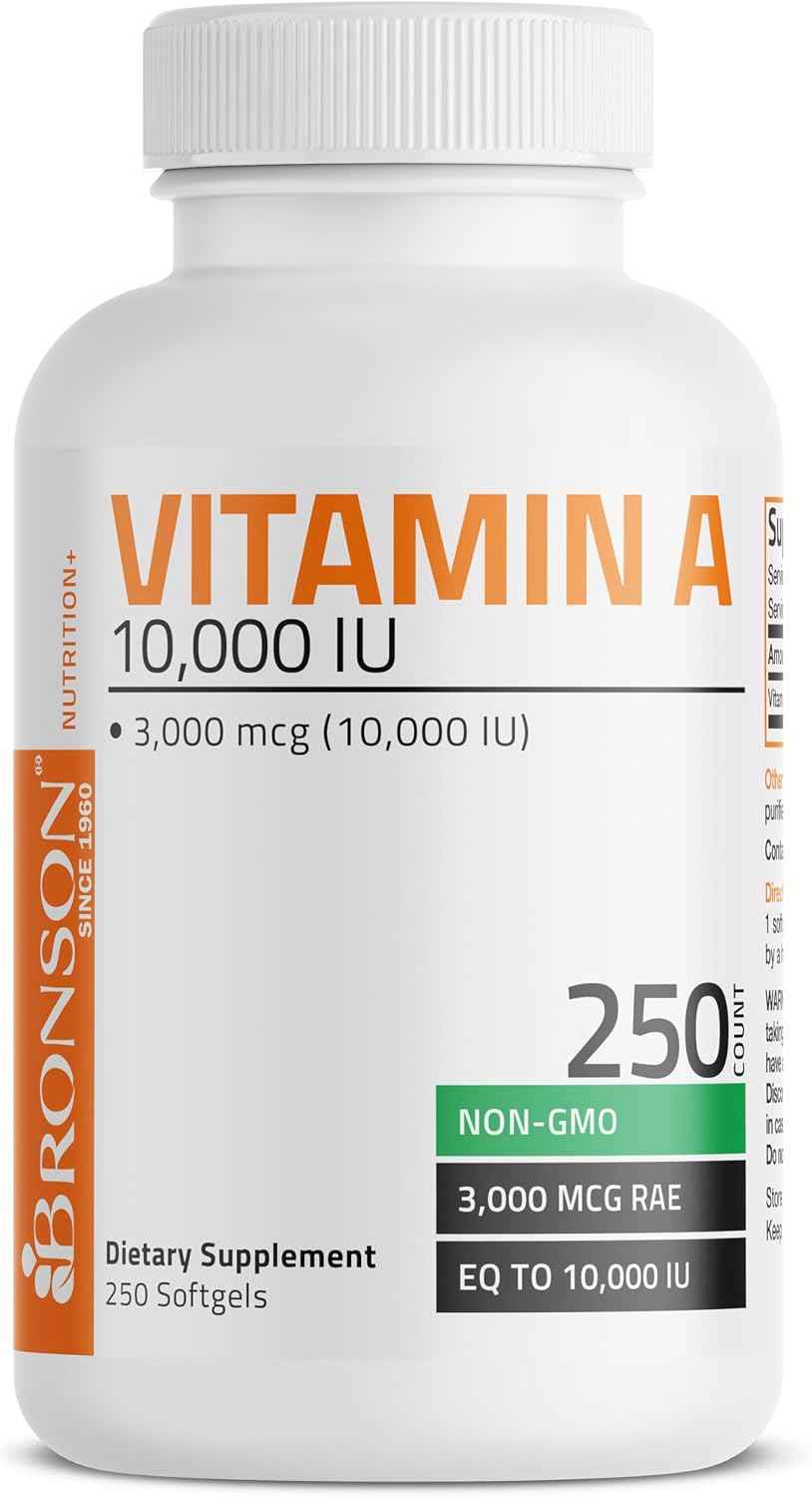 Bronson Vitamin A 10,000 IU Healthy Vision and Immune Support, 250 Softgels - Vitamin A Palmitate, Once-Daily Rapid Release, Skin, Growth & Reproduction Support, Non-GMO