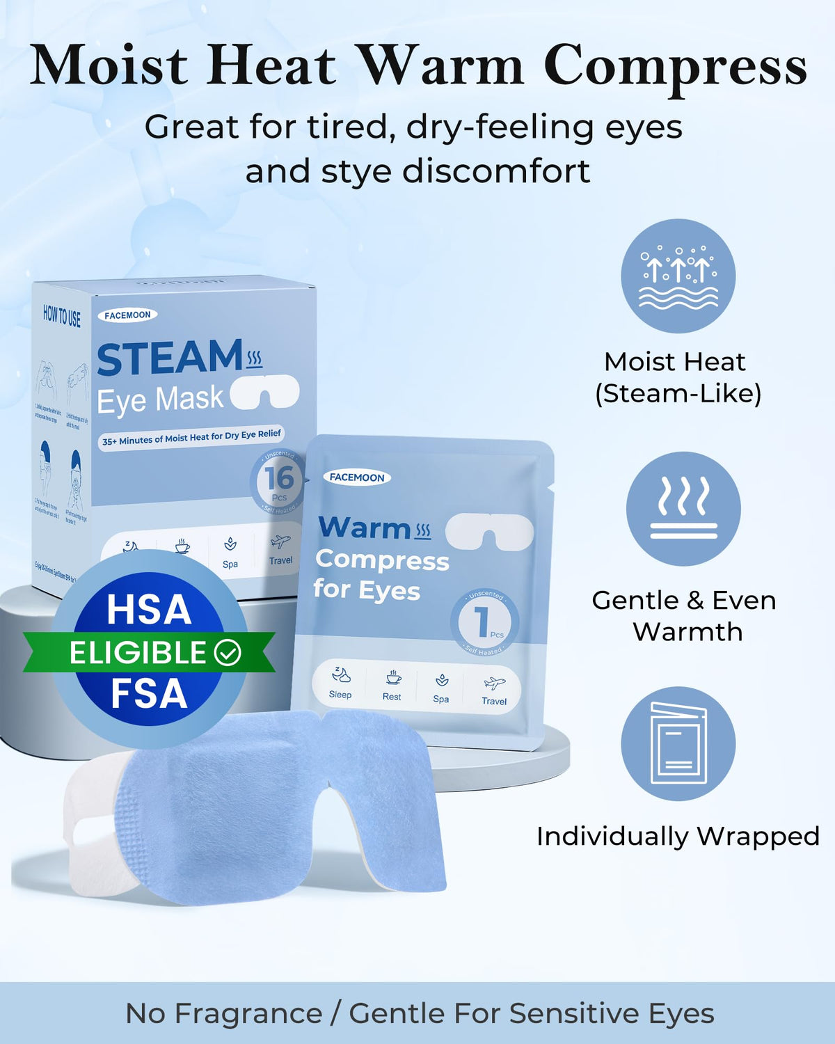 Steam Eye Mask for Dry Eyes (16 Packs) - Unscented Self-Heating Warm Compress for Stye, Digital Strain & Deep Sleep