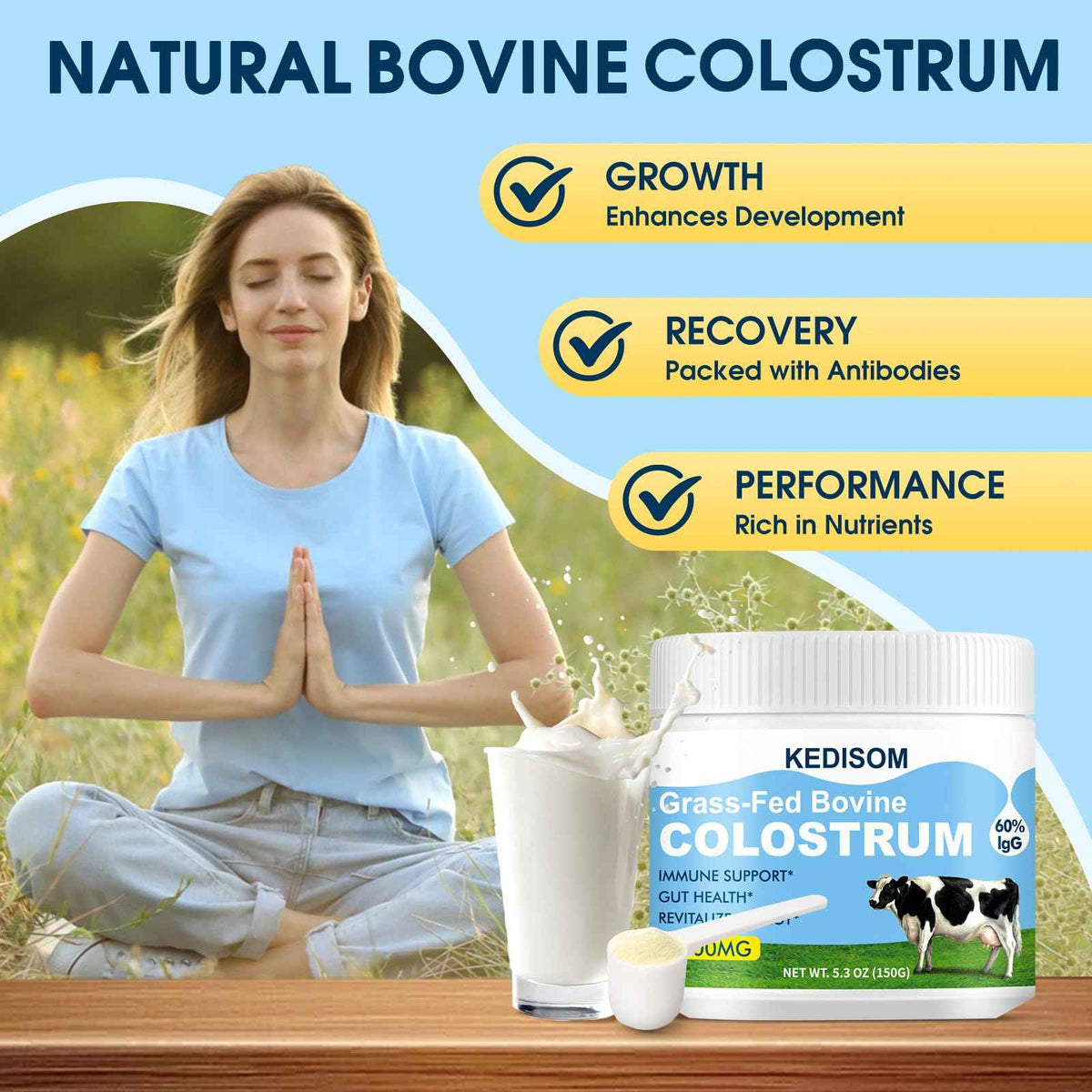 KEDISOM Grass-Fed Bovine Colostrum Supplement Powder - 60% High IgG 3000 mg for Gut Health, Immune Support - Easy to Mix Natural Liposomal Colostrum Superfood, Unflavored, 50 Servings