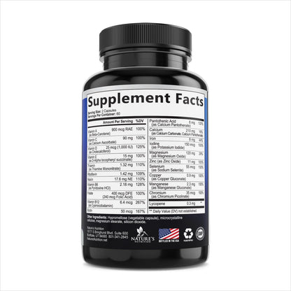 Multivitamin for Men - Once Daily Mens Multivitamins - Comprehensive Multi-Vitamin with Optimal Vitamin Bioavailability - Essential Vitamins A, C, D, E, & Zinc Formula - Bottled in USA - 120 Capsules