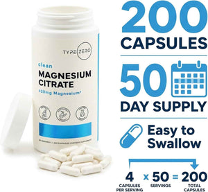 Type Zero Clean Magnesium Citrate (420mg) 200 Capsules, Gluten-Free - Pure Magnesium Citrate Supplement, GMO-Free, 50 Servings