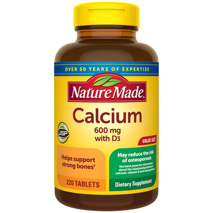 Nature Made Calcium 600 mg with Vitamin D3, Dietary Supplement for Bone Support, 220 Tablets