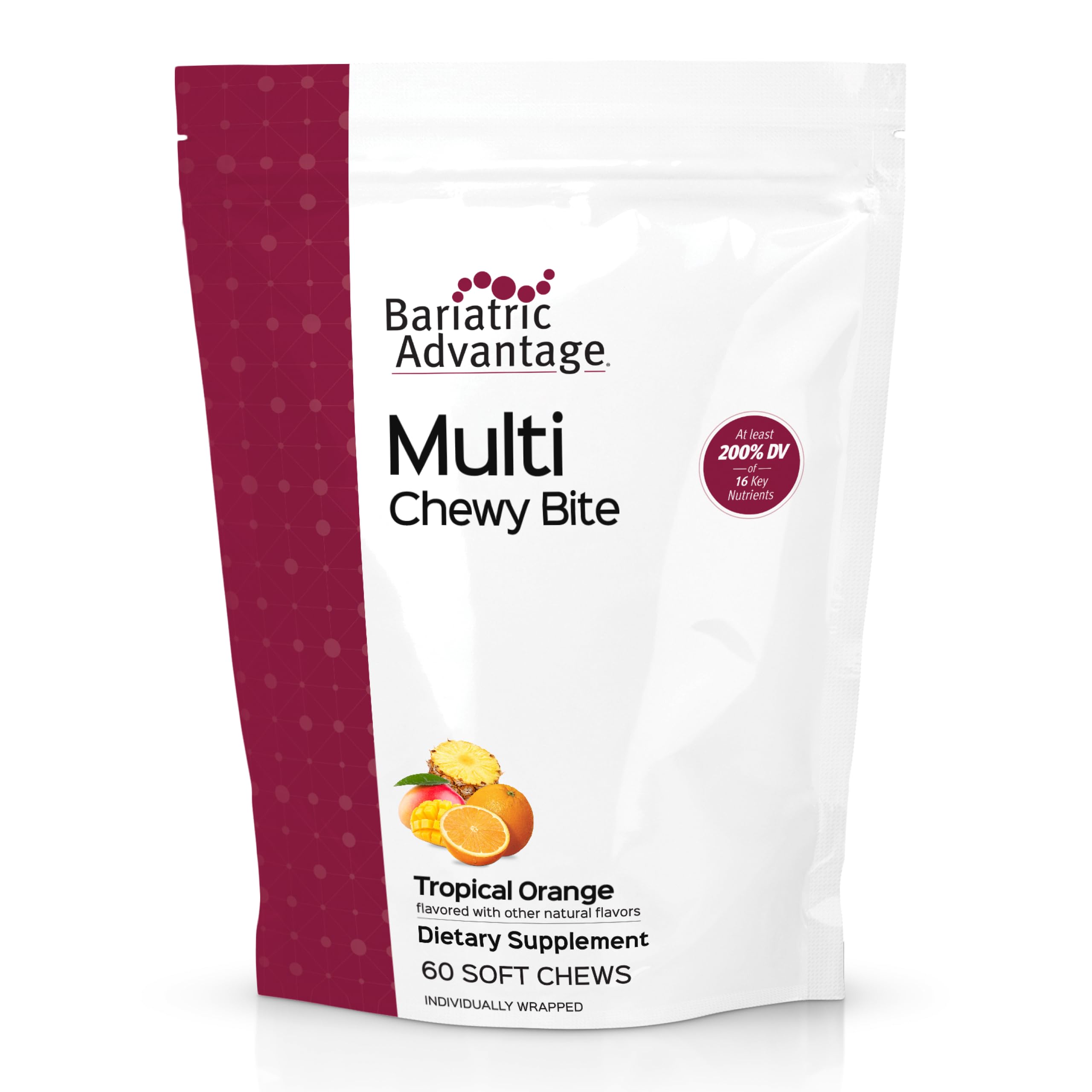 Bariatric Advantage Multi Chewy Bite - Soft Chew Multivitamin for Bariatric Surgery Patients - Chewable Multivitamin with Folic Acid, Vitamin D3 & More - Tropical Orange Flavor - 60 Count