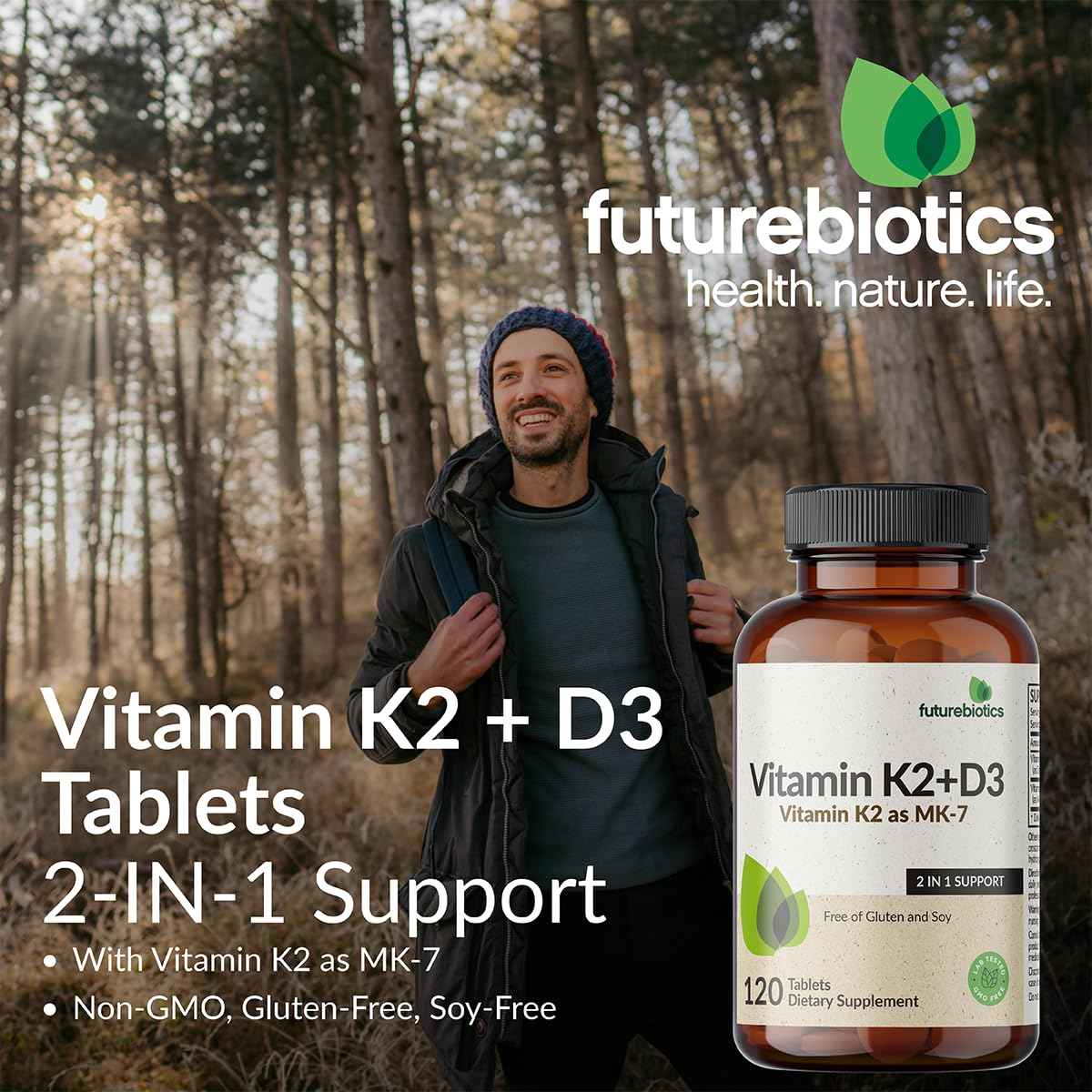 Futurebiotics Vitamin K2 with D3, 2 in 1 Support, 5000 IU Vitamin D3 & 90 mcg Vitamin K2 MK-7 Non-GMO, 120 Tablets