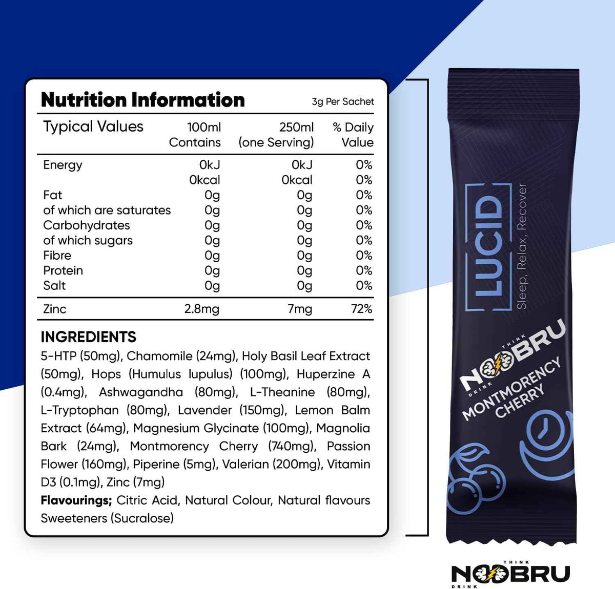 Noobru Lucid Nootropic Sleep Powder Drink for Deep Quality Dream Sleep with Magnesium, Ashwagandha, Valerian, Lemon Balm and Vitamin D for Deep, Quality Sleep, Stress and Restoration.