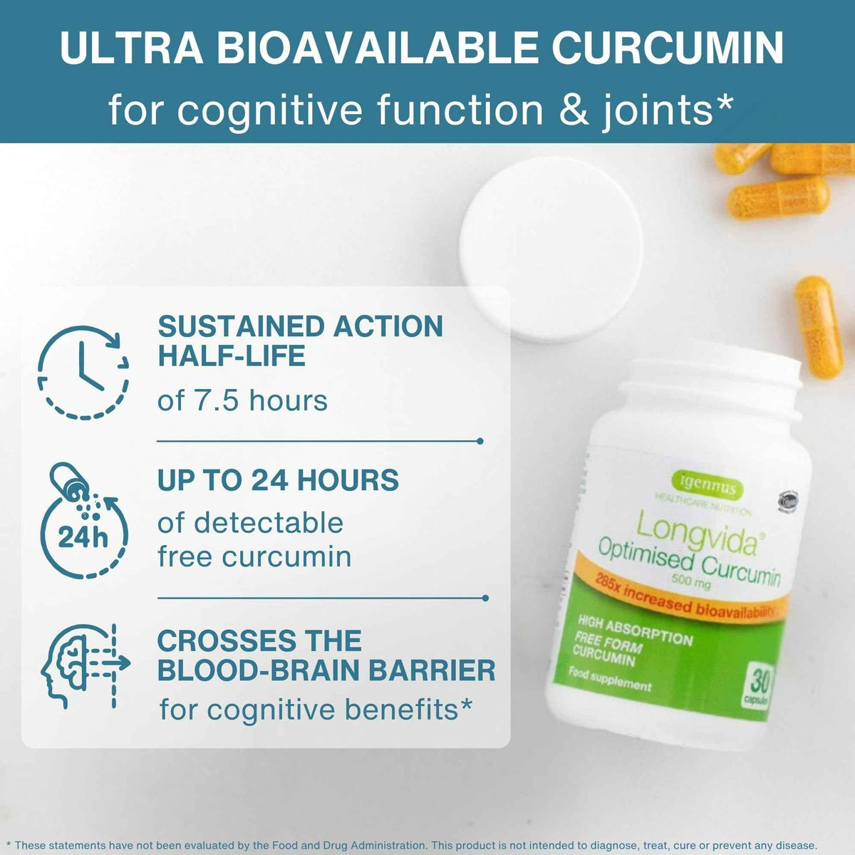 Igennus Longvida Curcumin 500mg - High Absorption ‘Free’ Curcumin, 65x Higher Plasma Levels, Sustained Release (7hr Half-Life), Brain & Cognitive Support, Vegan, 30 Capsules