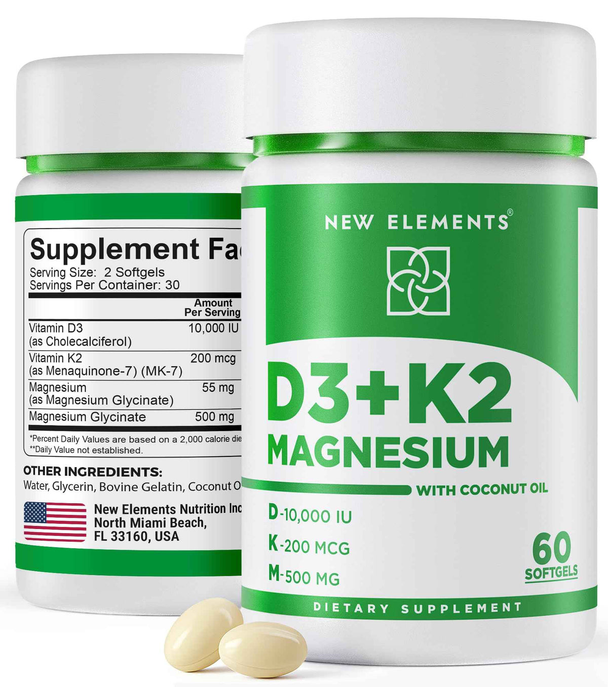 New Elements Vitamin D3 K2 10,000 IU with Magnesium Glycinate 500mg - Bone Health, Immune Support, Energy & Mood - Non-GMO, Gluten-Free