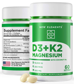 New Elements Vitamin D3 K2 10,000 IU with Magnesium Glycinate 500mg - Bone Health, Immune Support, Energy & Mood - Non-GMO, Gluten-Free
