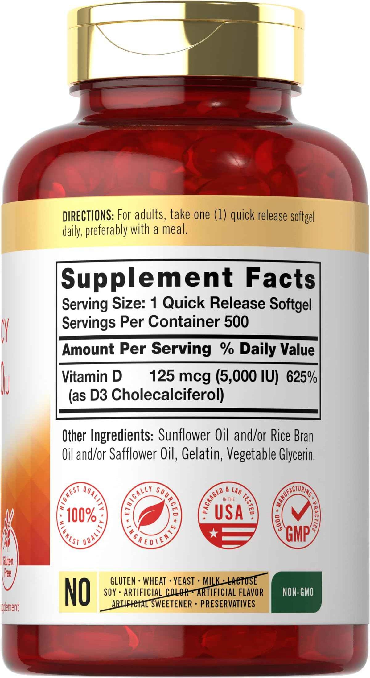 Carlyle Vitamin D3 5000 IU Softgels - 500 Count - Value Size - Non-GMO and Gluten Free Supplement - High Potency Formula - 125mcg