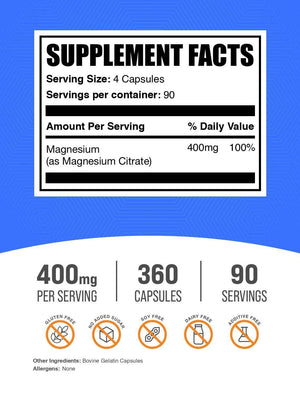 BulkSupplements.com Magnesium Citrate Capsules - Magnesium Supplement, Magnesium Citrate 400mg - Gluten Free, 4 Capsules per Serving, 360 Count (Pack of 1)