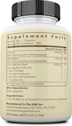Ancestral Supplements Grass Fed Beef Living Bone Supplement, 180 Ct - Grassfed bone meal capsule supporting calcium and phosphorus absorption, bone, oral and joint health & flexibility.