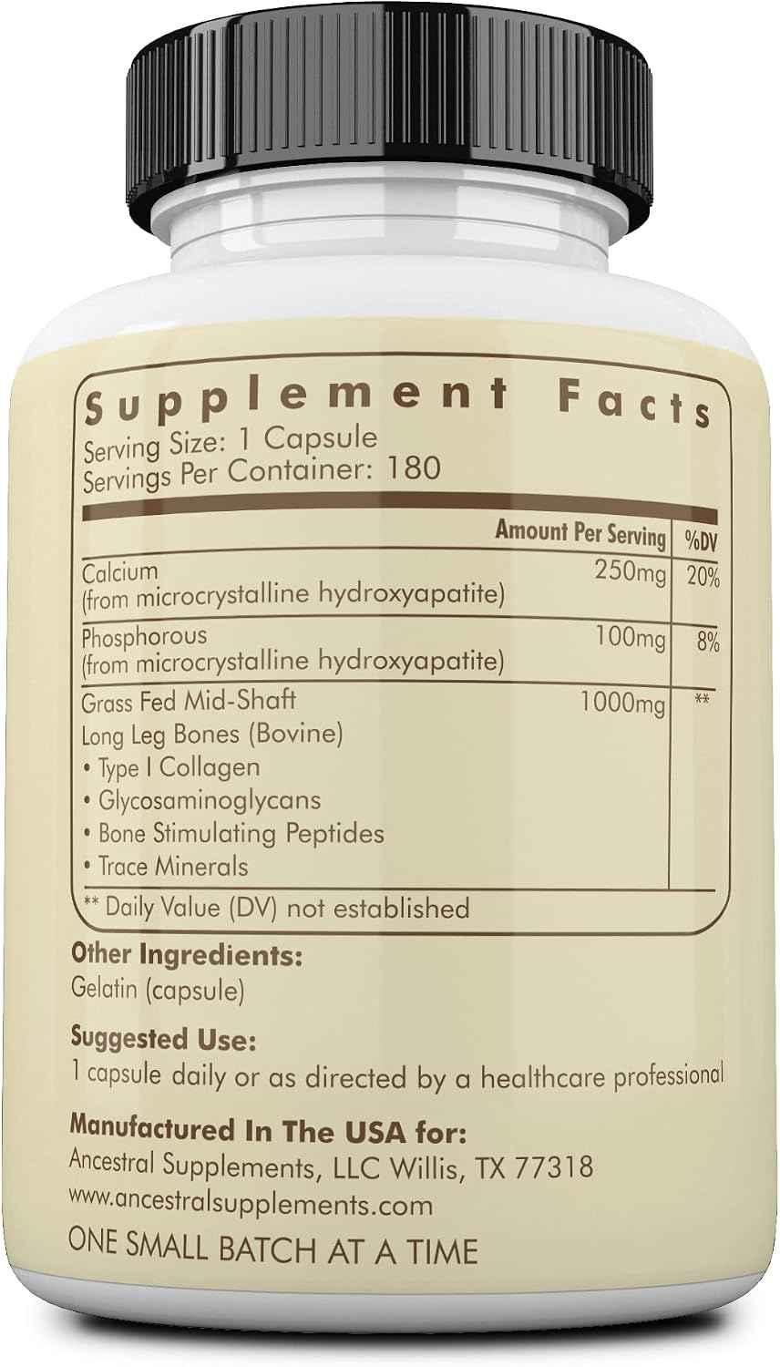 Ancestral Supplements Grass Fed Beef Living Bone Supplement, 180 Ct - Grassfed bone meal capsule supporting calcium and phosphorus absorption, bone, oral and joint health & flexibility.