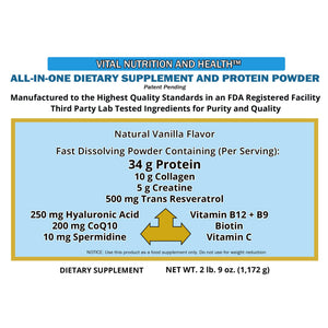 Vital Nutrition and Health All-in-One Powder: Protein, Collagen, Creatine, Resveratrol, Spermidine, Hyaluronic Acid, CoQ10 + Key Vitamins Vital Nutrition and HealthBuy Supplements Australia