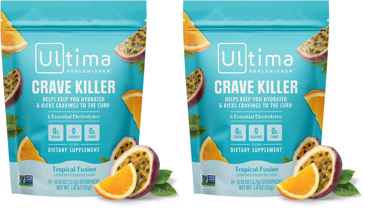 Ultima Replenisher Crave Killer Supplement, Tropical Fusion, 14 Stickpacks - Daily Zero Sugar Electrolyte Powder Hydration Packets with 6 Key Electrolytes & Chromax to Help Curb Cravings - Keto Friendly