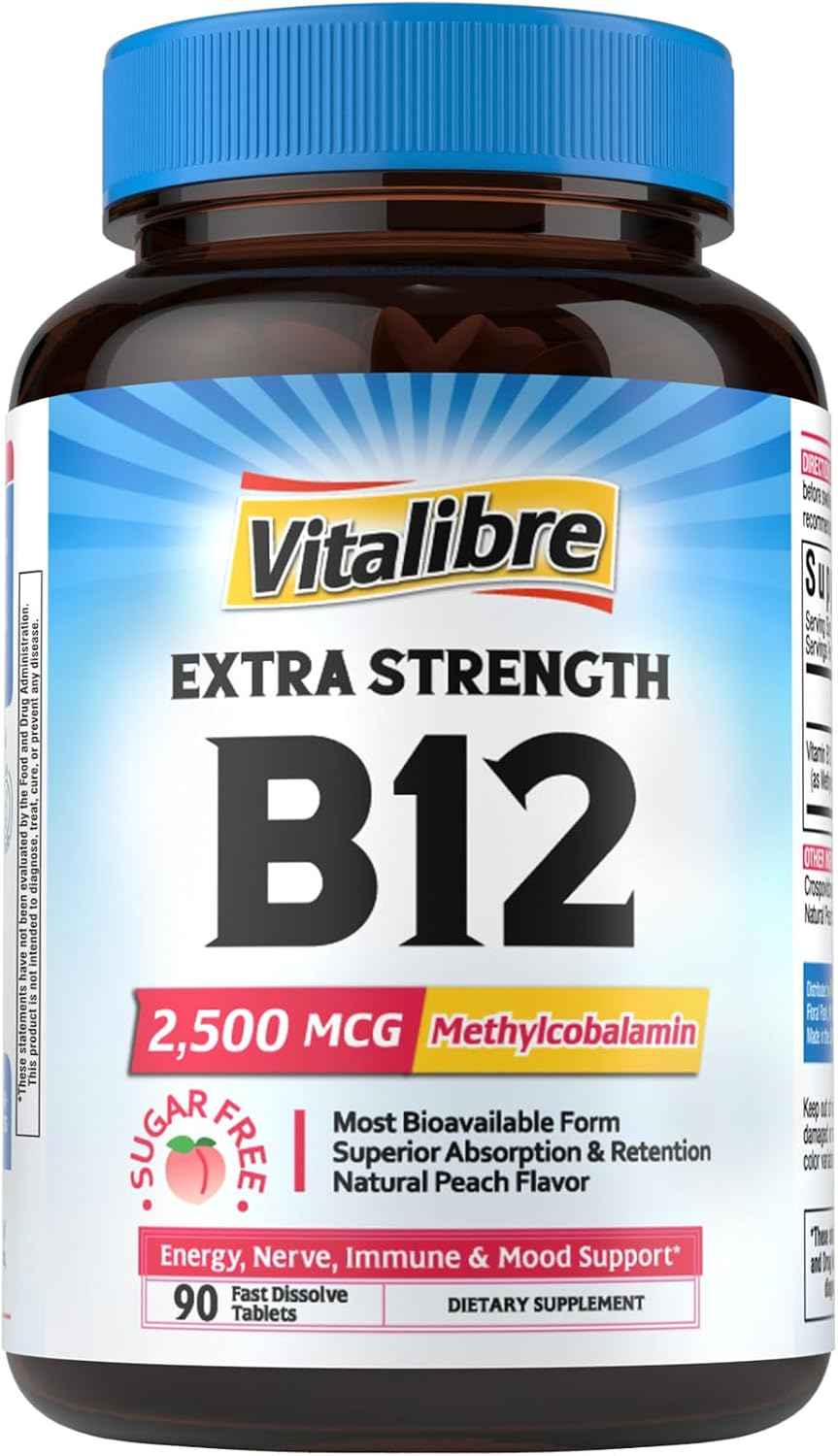 Vitalibre Vitamin B12 2500 mcg, Extra Strength Sublingual Methylcobalamin, Natural Peach Flavor, Nervous System, Energy Support, No Sugar, 90 Fast Dissolve Tablets