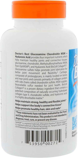 Doctor's Best Glucosamine Chondroitin MSM + Hyaluronic Acid with OptiMSM Featuring Biocell Collagen, Joint Support, Non-GMO, Gluten & Soy Free, 150 Caps