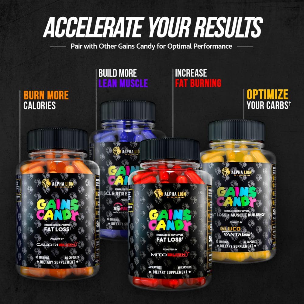 ALPHA LION Gains Candy, Supplement Pills that Support Weight Loss, Appetite Suppressant, Keto-Diet Friendly, Decrease Body Fat, Upgrade Energy & Workout Performance, 60 Capsules (MitoBurn)