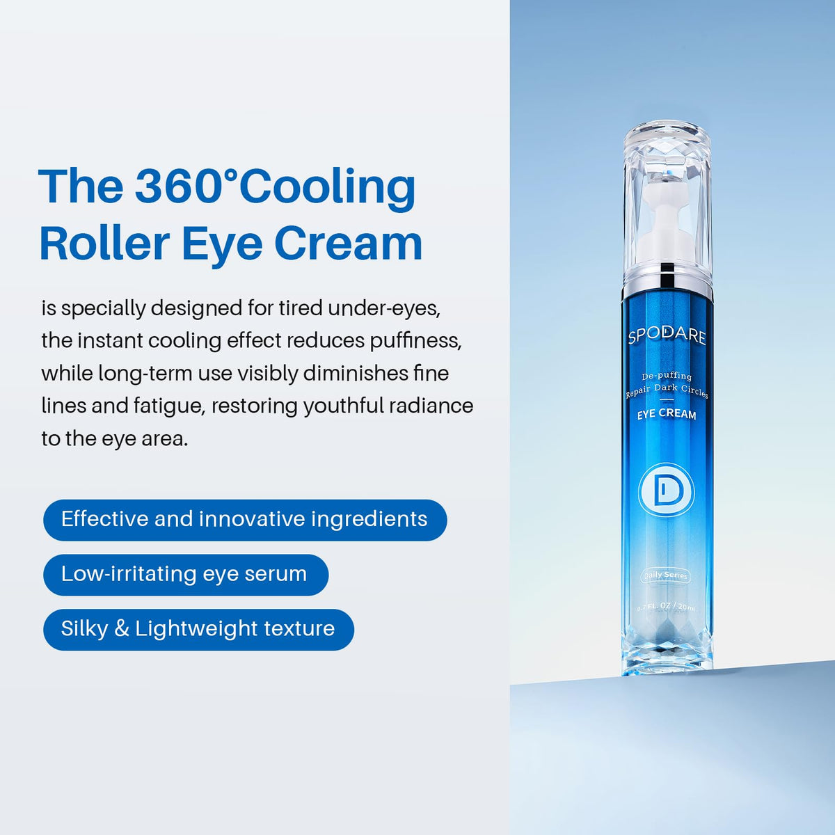 SPODARE Caffeine Eye Cream with 360° Massage Ball – Under Eye Roller Serum for Dark Circles, Puffiness, Bags, Wrinkles & Fine Lines for Women and Men, 0.7 fl oz