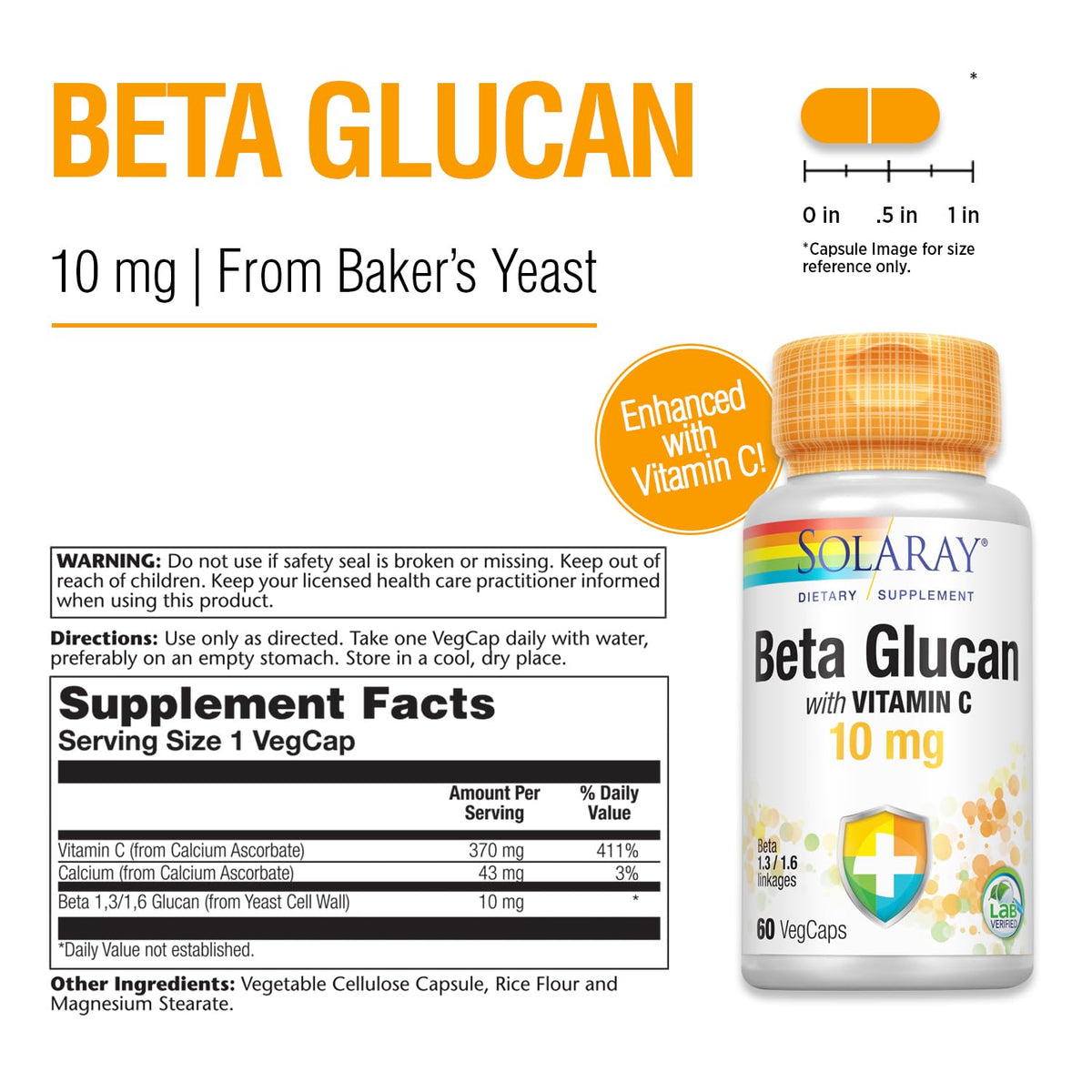 SOLARAY Beta Glucan with Vitamin C | Immune Support | 60 VegCaps