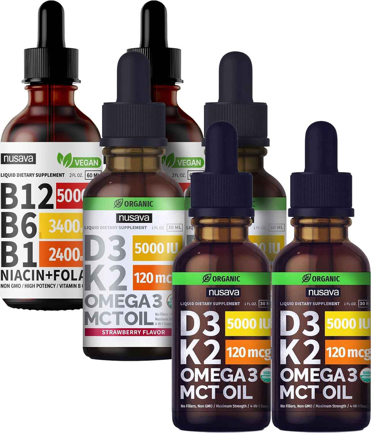 NUSAVA Unflavored D3 K2, Strawberry Flavored D3 K2 & Vitamin B12 Liquid Drops Bundle - Daily Wellness Liquid Vitamins for Energy & Immune Support - Non-GMO, Gluten-Free, 2pk Each