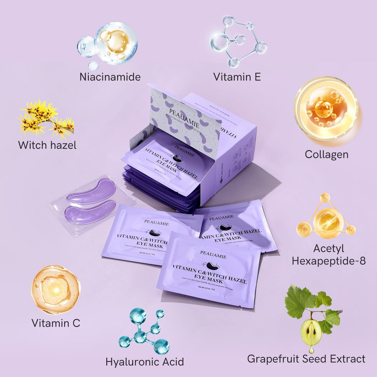 PEAUAMIE Under Eye Patches (30 Pairs) – Brightening Vitamin C & Soothing Witch Hazel Eye Mask for Dark Circles & Puffiness