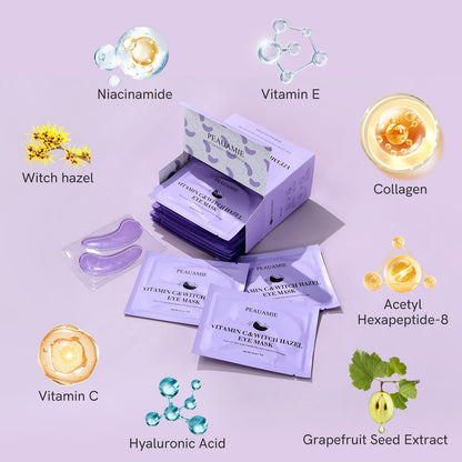 PEAUAMIE Under Eye Patches (30 Pairs) – Brightening Vitamin C & Soothing Witch Hazel Eye Mask for Dark Circles & Puffiness