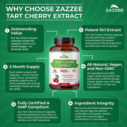 Zazzee Tart Cherry 10:1 Extract, 60 Vegan Capsules, 2 Month Supply, Montmorency Cherry, Certified Kosher, Joint & Uric Acid Support, Antioxidant Support Formula, Non-GMO, Made in the USA