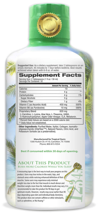 Tropical Oasis Sleep-A-Weigh Plus | Liquid Sleep Multimineral | w/Collagen, L-Carnitine, L-Lysine, Tonalin CLA, Apple Cider Vinegar, 5-HTP, Vitamins, 32 Fl Oz (Pack of 1), 33630