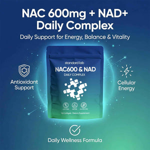 AMOQUCT Standard Lab NAC 600mg & NAD+ Daily Complex Capsules, NAC Supplement with NAD for Antioxidant, Cellular Energy and Immune Support, Daily Wellness Formula