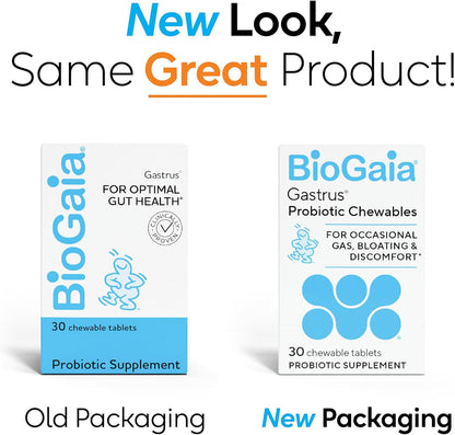 BioGaia Gastrus L reuteri Probiotic - 35 Years of Clinical Gut Research - L reuteri 6475 + 17938 Probiotics - Ease Gut Discomfort, Gas & Bloating - Promotes a Healthy Gut & Microbiome - 30 Chewables