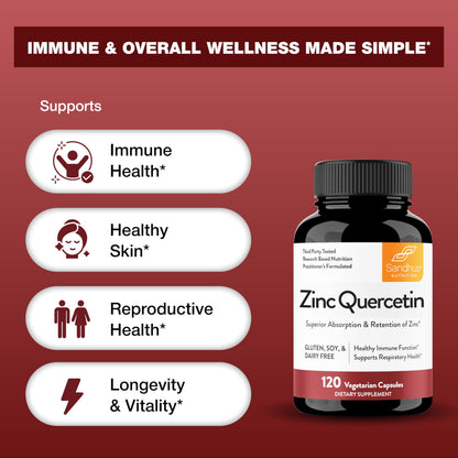 Sandhu's Zinc Quercetin 120 Vegetarian Capsules (Pack of 1) - High Absorption Zink Supplements for Immunity and Seasonal Allergy - Antioxidant Immune Support