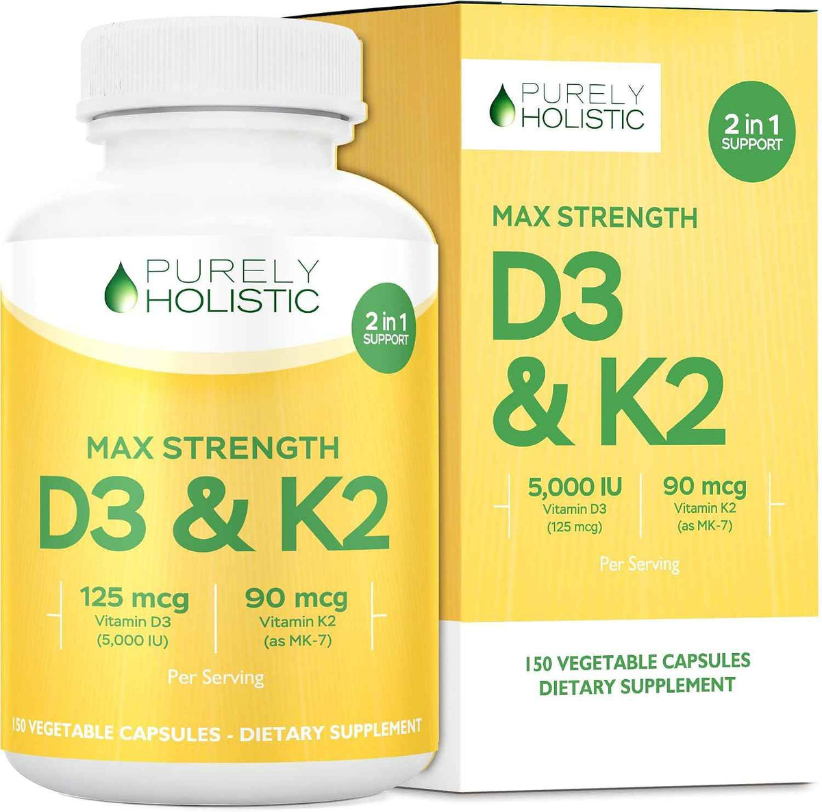 Vitamin D3 K2, 150 Servings, 5000iu D3 + 90mcg K2, Bone & Immune Support - Energy & Heart Health Support, High Absorption & Non-GMO, Once-Daily Vitamin Supplement, 150 D3K2 Capsules (5 Month Supply)