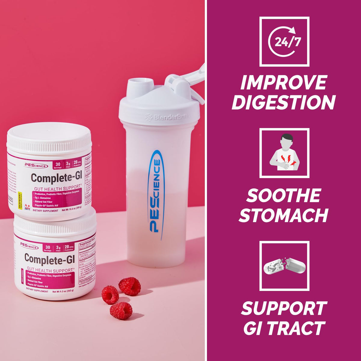 PEScience Complete-GI Gut Health Powder, Probiotics for Women and Men, Digestive Enzymes, Prebiotic Fiber, L-Glutamine, Pepzin GI Zinc Carnosine - Watermelon Flavor, 30 Servings