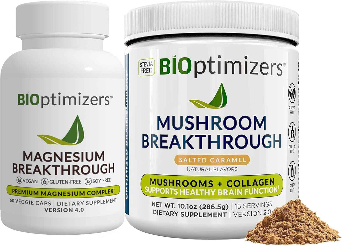 BiOptimizers Magnesium Breakthrough 4.0, (60 Capsules) & Mushroom Breakthrough Powder (Salted Caramel, 15 Servings) - Natural Sleep and Brain Superfood & Supplement Bundle