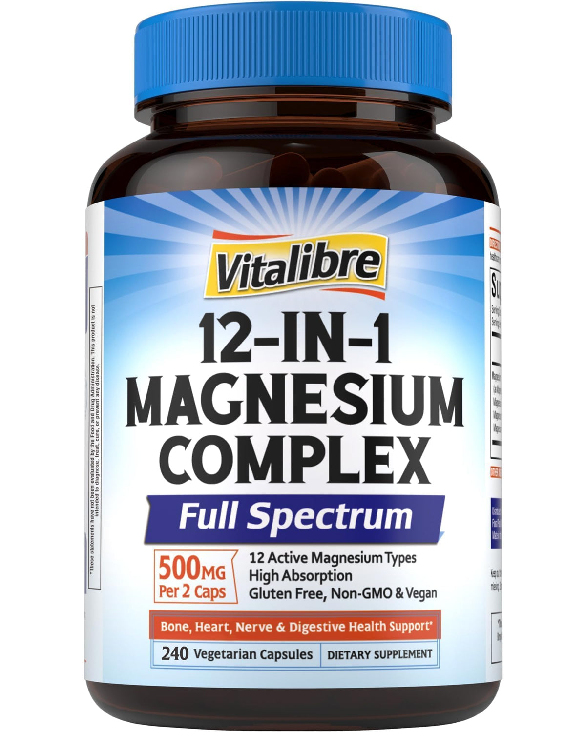 Vitalibre 12 in 1 Magnesium Complex 500mg for Women Men, 120 Vegan Capsules - Max Absorption Chelated Magnesium Glycinate Citrate Malate & More for Bone, Nerve & Digestive Support - Non-GMO