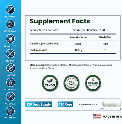 ForestLeaf Hyaluronic Acid Supplements - 100mg High Bioavailable Dietary Hyaluronic Acid Powder Capsules + 50mg VIT C - Supports Skin Hydration, Joint Lubrication, Anti-Aging, Hair & Nails - 120 Caps