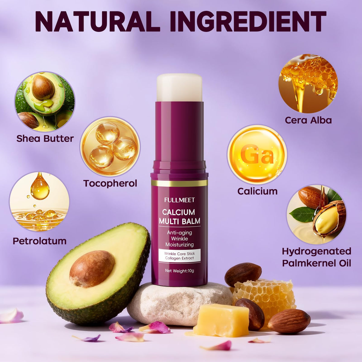 FullMeet Calcium Volume Multi Balm - Collagen All-in-One Moisturizing Stick for Face, Neck & Eyes - Anti-Aging Wrinkle Core Stick (10g)