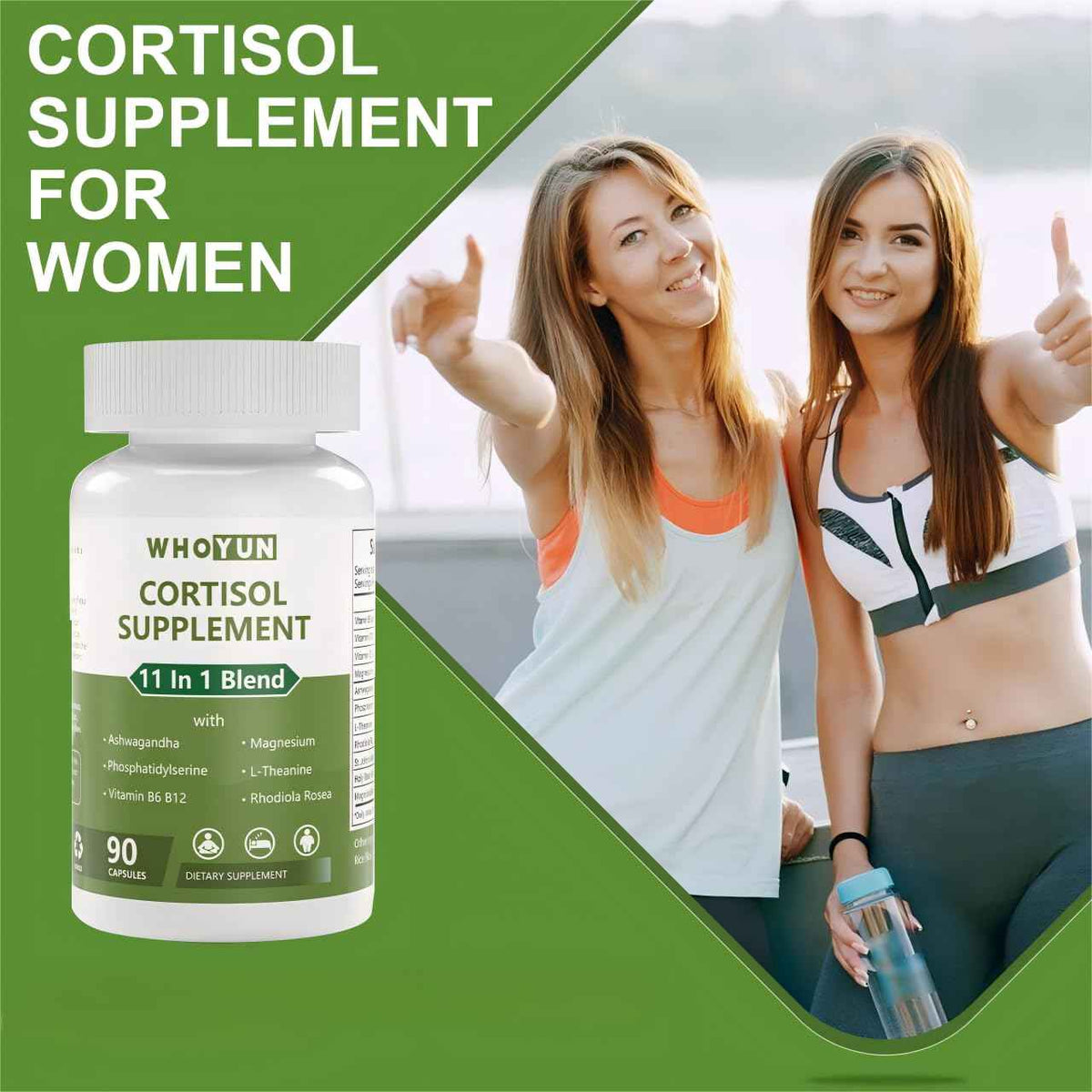 Whoyun Cortisol Supplement for Women, 11 in 1 Lower Cortisol Blend with Ashwagandha, Phosphatidylserine, Magnesium, L-Theanine, Vegan, 90 Capsules