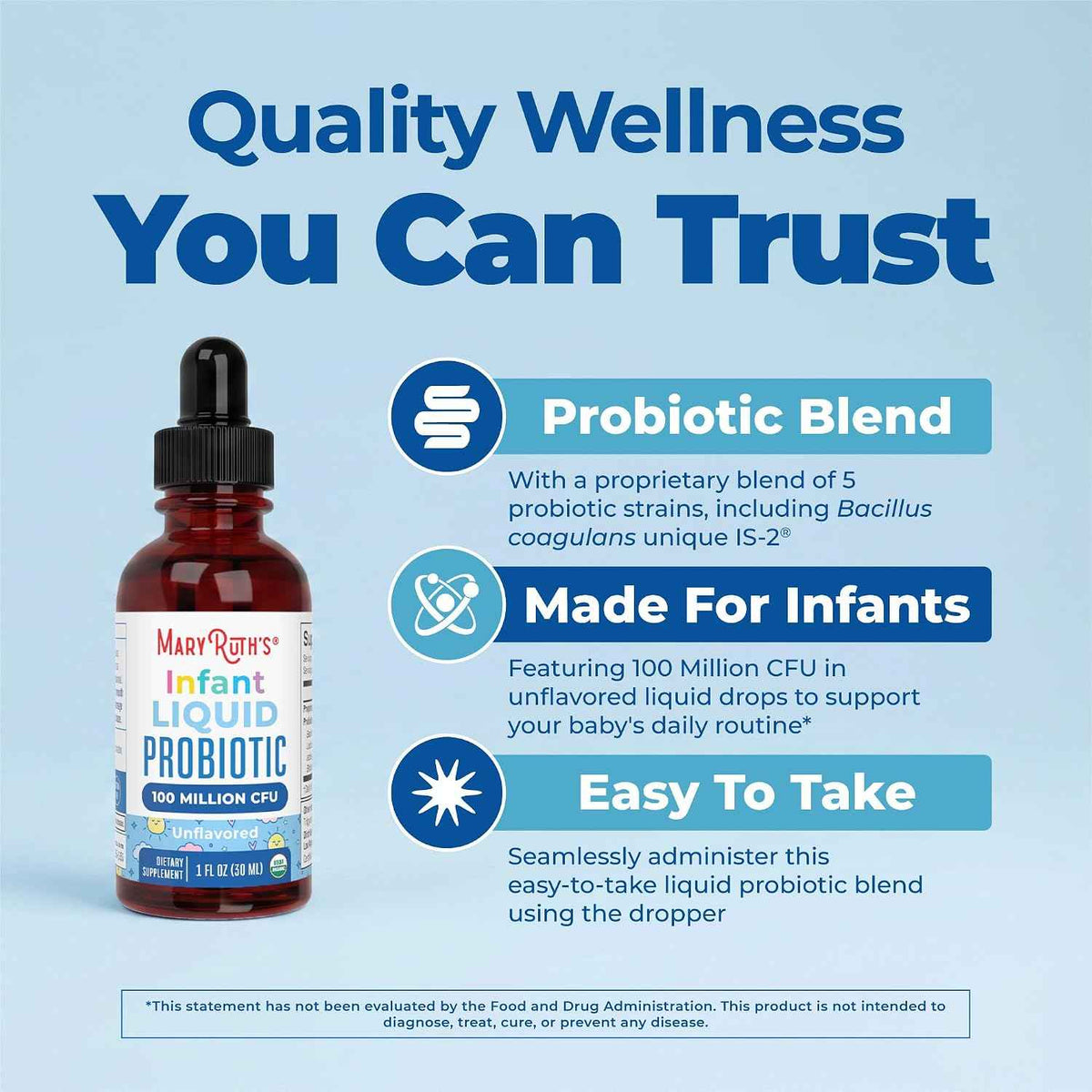 MaryRuth's Organic Infant Liquid Probiotic for Ages 6-12 Months - 100 Million CFU - 5 Probiotic Strains - Probiotics for Infants - Proprietary Probiotic Blend - USDA Organic - Vegan - Unflavored - 1 oz