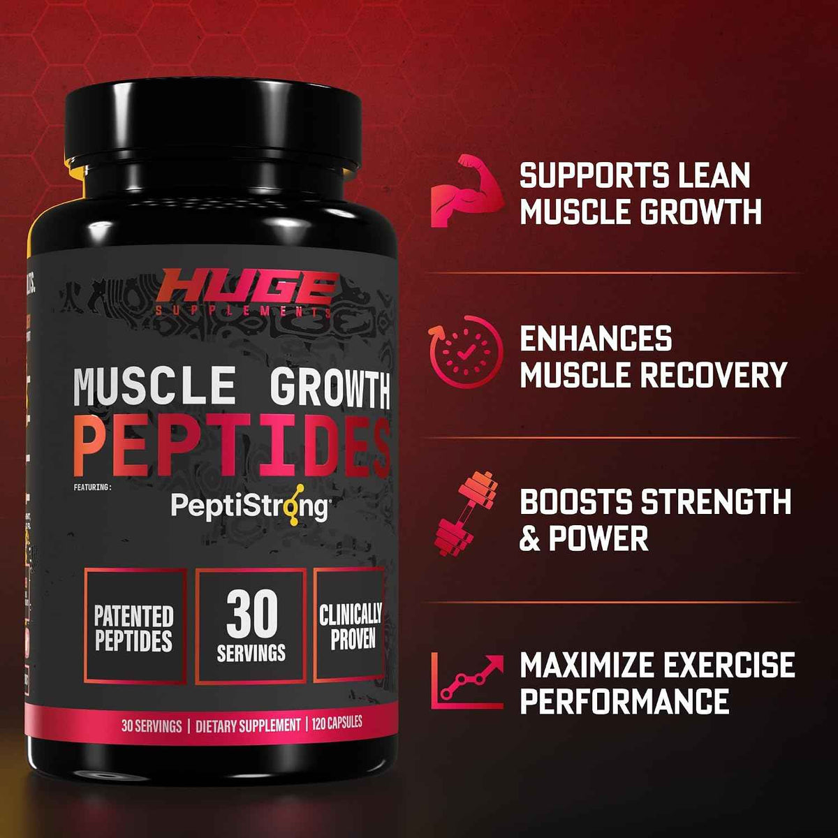 Huge Muscle Growth Peptides, Unique PeptiStrong Peptide Complex, Clinically Studied, Supports Muscle Protein Synthesis, Strength, Performance & Recovery, Advanced Peptide Technology, 30 Servings
