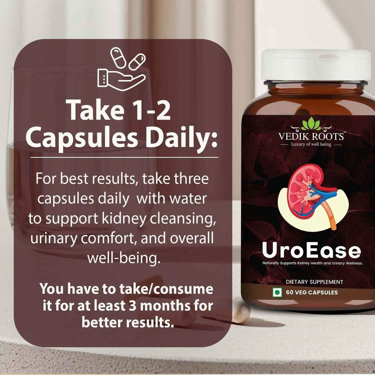 VEDIKROOTS UroEase - Ayurvedic Herbal Supplement for Kidney Health & Uric Acid Levels - Supports Urinary Tract Health - 60 Veg Capsules